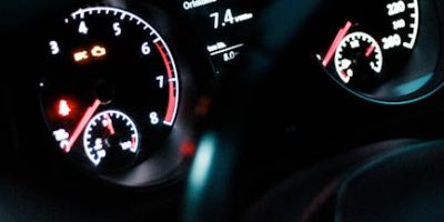 A modern car dashboard showing illuminated gauges and indicators at night.